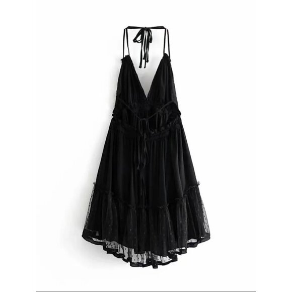 Tie back halter mini dress backless lace layered polkadot boho black - Picture 3 of 8